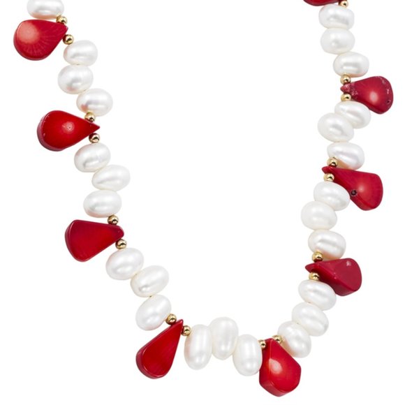 Bamboo Coral and White Biwa Pearl Necklace - Picture 1 of 6